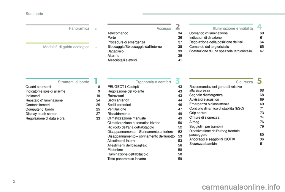 PEUGEOT 2008 2018  Manuale duso (in Italian) 2
.
.
Quadri strumenti 8
I ndicatori e spie di allarme  9
I
ndicatori
 
 19
Reostato d'illuminazione
 2

4
Contachilometri
 

25
Computer di bordo
 
2
 5
Display touch screen
 
2
 7
Regolazione di