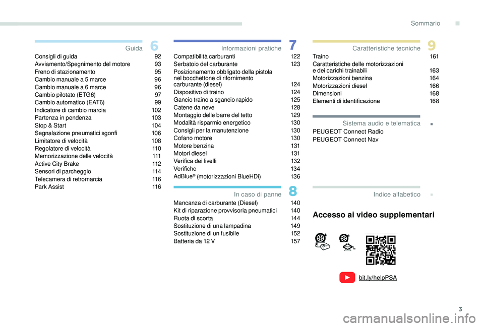 PEUGEOT 2008 2018  Manuale duso (in Italian) 3
.
bit.ly/helpPSA
.
Consigli di guida 92
Avviamento/Spegnimento del motore 9 3
Freno di stazionamento
 
9
 5
Cambio manuale a 5 marce
 
9
 6
Cambio manuale a 6 marce
 
9
 6
Cambio pilotato (ETG6)
 
9