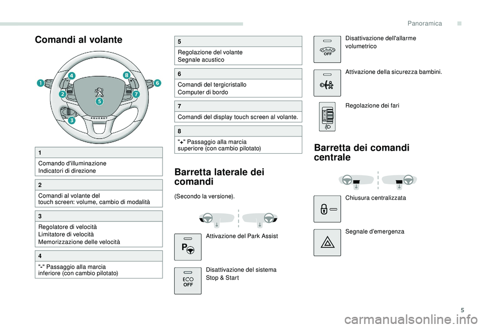 PEUGEOT 2008 2018  Manuale duso (in Italian) 5
Comandi al volante5
Regolazione del volante
Segnale acustico
6
Comandi del tergicristallo
Computer di bordo
7
Comandi del display touch screen al volante.
8
"+ " Passaggio alla marcia 
super