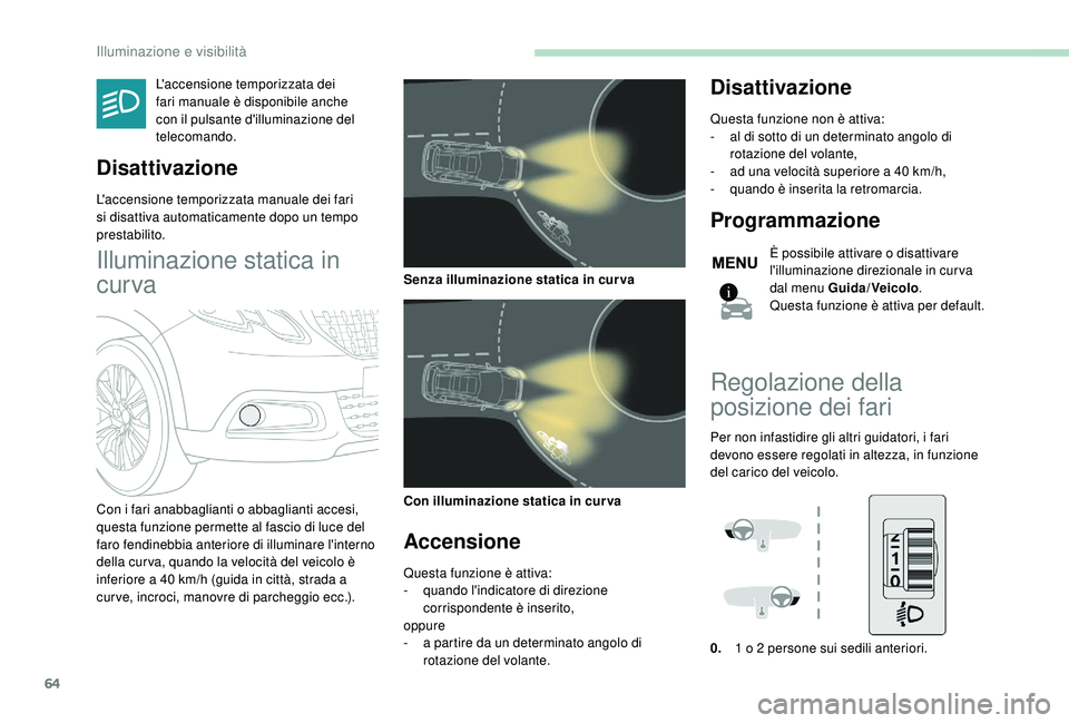 PEUGEOT 2008 2018  Manuale duso (in Italian) 64
L'accensione temporizzata dei 
fari manuale è disponibile anche 
con il pulsante d'illuminazione del 
telecomando.
Disattivazione
L'accensione temporizzata manuale dei fari 
si disatti