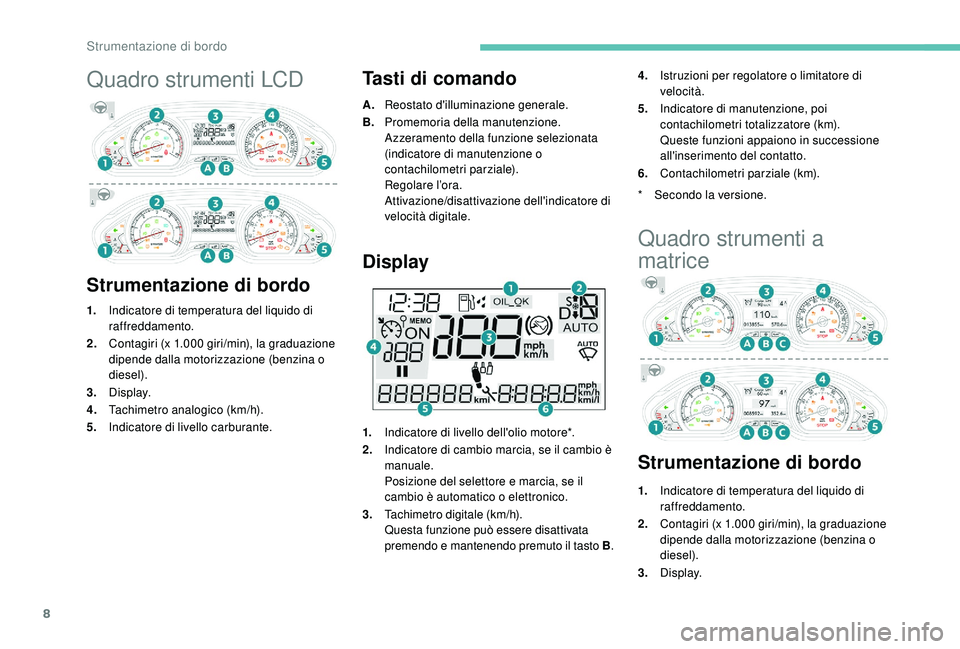 PEUGEOT 2008 2018  Manuale duso (in Italian) 8
Quadro strumenti LCD
Strumentazione di bordoTasti di comando
A.
Reostato d'illuminazione generale.
B. Promemoria della manutenzione.
Azzeramento della funzione selezionata 
(indicatore di manute