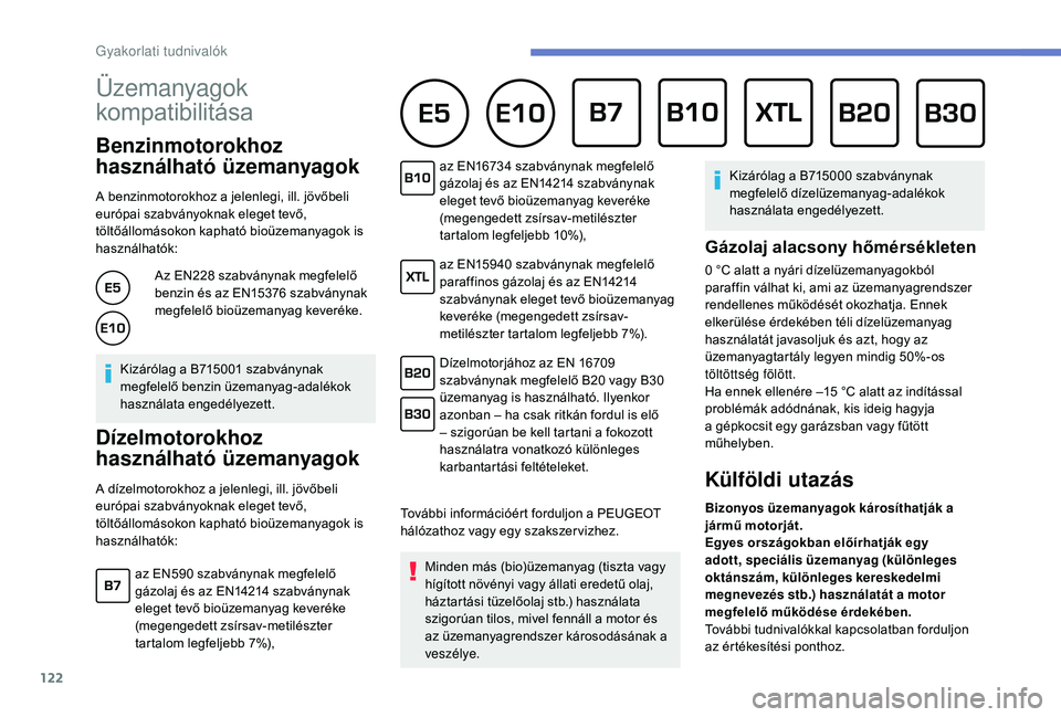 PEUGEOT 2008 2018 Kezelési útmutató (in Hungarian) 122
Üzemanyagok
kompatibilitása
Benzinmotorokhoz
használható üzemanyagok
A benzinmotorokhoz a jelenlegi, ill. jövőbeli
európai szabványoknak eleget tevő,
töltőállomásokon kapha PEUGEOT 2008 2018 Kezelési útmutató (in Hungarian) 122
Üzemanyagok
kompatibilitása
Benzinmotorokhoz
használható üzemanyagok
A benzinmotorokhoz a jelenlegi, ill. jövőbeli
európai szabványoknak eleget tevő,
töltőállomásokon kapha