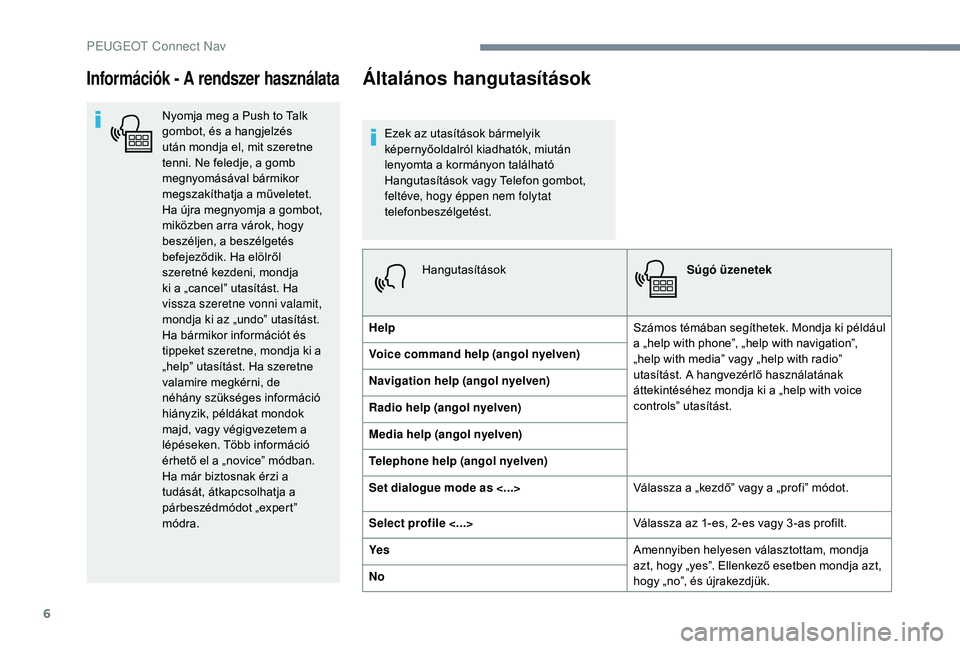 PEUGEOT 2008 2018  Kezelési útmutató (in Hungarian) 6
Információk - A rendszer használata
Nyomja meg a Push to Talk 
gombot, és a hangjelzés 
után mondja el, mit szeretne 
tenni. Ne feledje, a gomb 
megnyomásával bármikor 
megszakíthatja a m