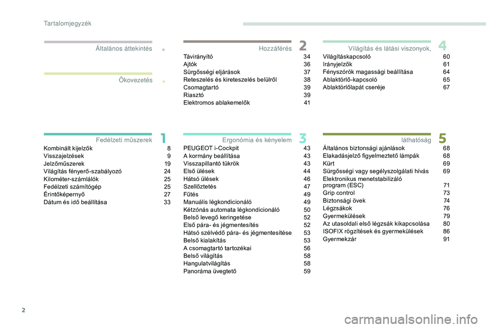 PEUGEOT 2008 2018  Kezelési útmutató (in Hungarian) 2
.
.
Kombinált kijelzők 8
V isszajelzések 9
J
elzőműszerek
 1
 9
Világítás fényerő-szabályozó
 
2
 4
Kilométer-számlálók
 2

5
Fedélzeti számítógép
 
2
 5
Érintőképernyő
 2

