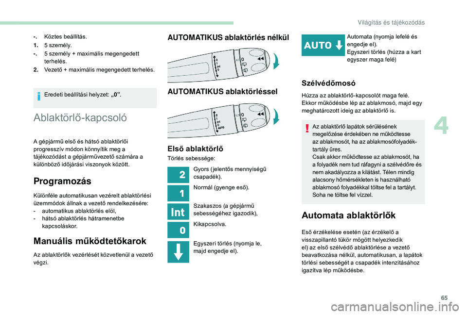 PEUGEOT 2008 2018 Kezelési útmutató (in Hungarian) 65
-.Köztes beállítás.
1. 5 személy.
-. 5 személy + maximális megengedett
terhelés.
2. Vezető + maximális megengedett terhelés.
Eredeti beállítási helyzet: „0” .
Ablaktörlő-kapcso PEUGEOT 2008 2018 Kezelési útmutató (in Hungarian) 65
-.Köztes beállítás.
1. 5 személy.
-. 5 személy + maximális megengedett
terhelés.
2. Vezető + maximális megengedett terhelés.
Eredeti beállítási helyzet: „0” .
Ablaktörlő-kapcso