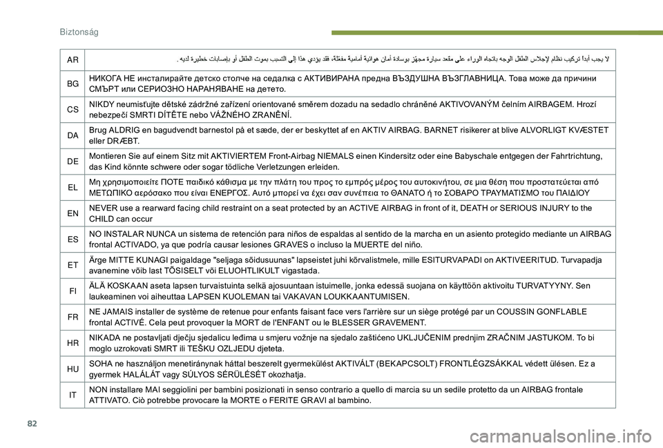 PEUGEOT 2008 2018  Kezelési útmutató (in Hungarian) 82
AR
BG НИКОГА НЕ инсталирайте детско столче на седалка с АКТИВИРАНА предна ВЪЗДУШНА ВЪЗГЛАВНИЦА. Това може да �