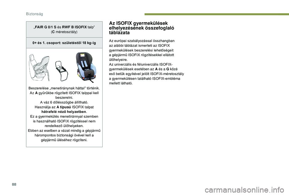 PEUGEOT 2008 2018 Kezelési útmutató (in Hungarian) 88
Az ISOFIX gyermekülések
elhelyezésének összefoglaló
táblázata
Az európai szabályozással összhangban
az alábbi táblázat ismerteti az ISOFIX
gyermekülések beszerelési lehetősé PEUGEOT 2008 2018 Kezelési útmutató (in Hungarian) 88
Az ISOFIX gyermekülések
elhelyezésének összefoglaló
táblázata
Az európai szabályozással összhangban
az alábbi táblázat ismerteti az ISOFIX
gyermekülések beszerelési lehetősé