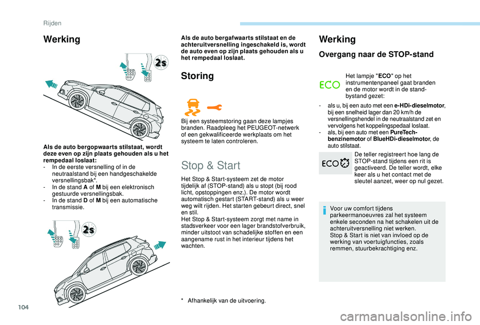 PEUGEOT 2008 2018 Instructieboekje (in Dutch) 104
Werking
* Afhankelijk van de uitvoering.
Als de auto bergopwaar ts stilstaat, wordt
deze even op zijn plaats gehouden als u het
rempedaal loslaat:
-
I
n de eerste versnelling of in de
neutr PEUGEOT 2008 2018 Instructieboekje (in Dutch) 104
Werking
* Afhankelijk van de uitvoering.
Als de auto bergopwaar ts stilstaat, wordt
deze even op zijn plaats gehouden als u het
rempedaal loslaat:
-
I
n de eerste versnelling of in de
neutr