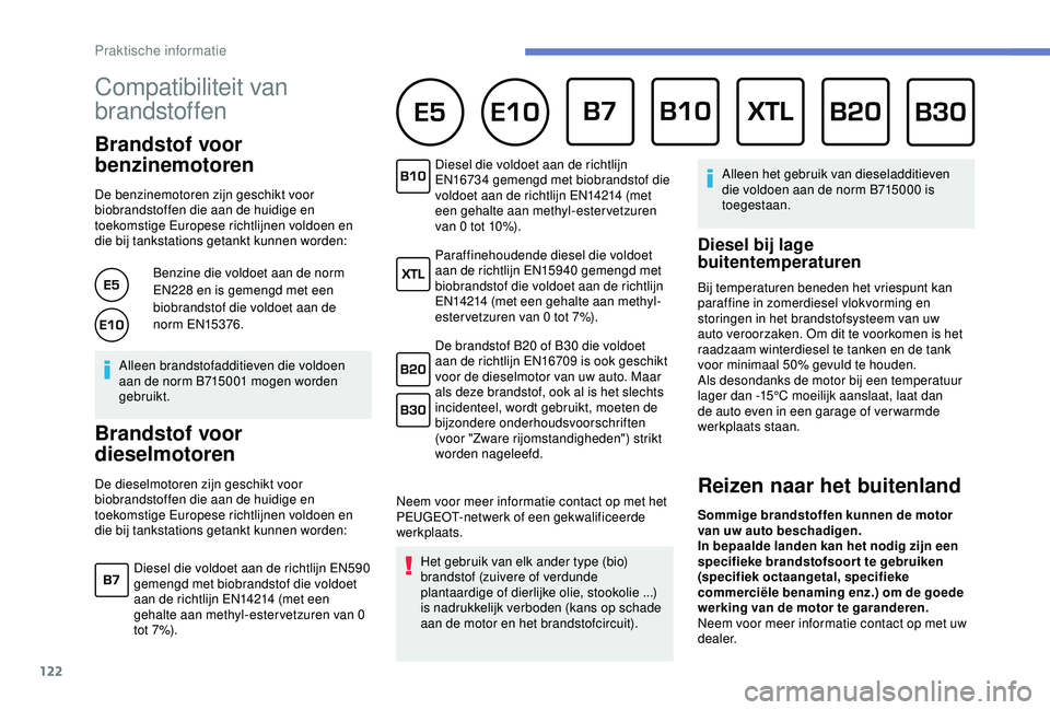 PEUGEOT 2008 2018 Instructieboekje (in Dutch) 122
Compatibiliteit van
brandstoffen
Brandstof voor
benzinemotoren
De benzinemotoren zijn geschikt voor
biobrandstoffen die aan de huidige en
toekomstige Europese richtlijnen voldoen en
die PEUGEOT 2008 2018 Instructieboekje (in Dutch) 122
Compatibiliteit van
brandstoffen
Brandstof voor
benzinemotoren
De benzinemotoren zijn geschikt voor
biobrandstoffen die aan de huidige en
toekomstige Europese richtlijnen voldoen en
die