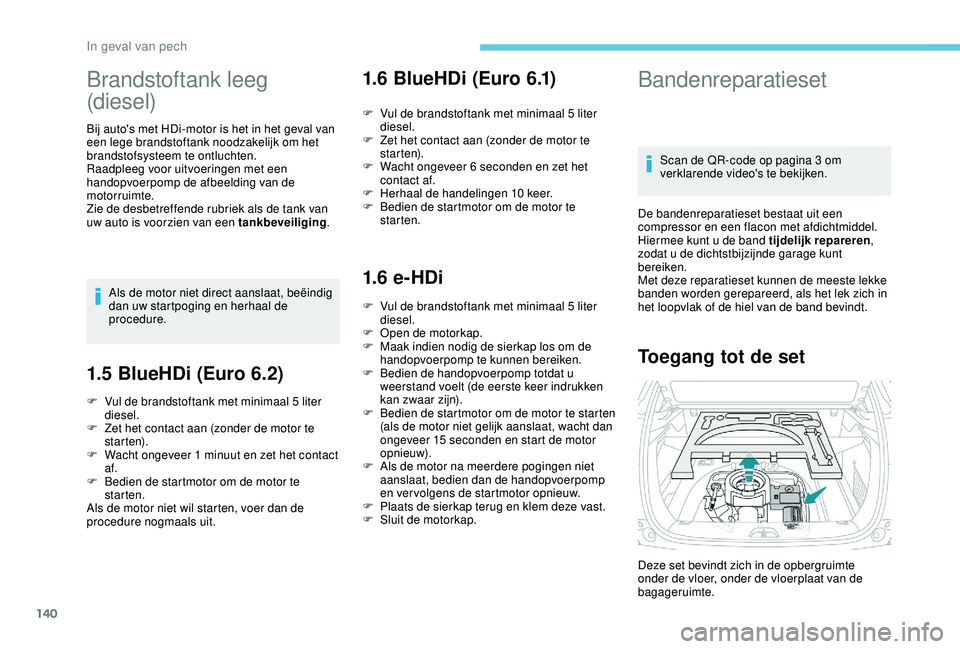 PEUGEOT 2008 2018 Instructieboekje (in Dutch) 140
Brandstoftank leeg
(diesel)
Bij auto's met HDi-motor is het in het geval van
een lege brandstoftank noodzakelijk om het
brandstofsysteem te ontluchten.
Raadpleeg voor uitvoeringen met een
PEUGEOT 2008 2018 Instructieboekje (in Dutch) 140
Brandstoftank leeg
(diesel)
Bij auto's met HDi-motor is het in het geval van
een lege brandstoftank noodzakelijk om het
brandstofsysteem te ontluchten.
Raadpleeg voor uitvoeringen met een