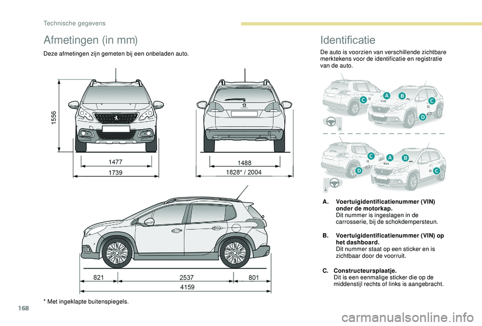 PEUGEOT 2008 2018 Instructieboekje (in Dutch) 168
Afmetingen (in mm)
Deze afmetingen zijn gemeten bij een onbeladen auto.
* Met ingeklapte buitenspiegels.
Identificatie
De auto is voorzien van verschillende zichtbare
merktekens voor de identific PEUGEOT 2008 2018 Instructieboekje (in Dutch) 168
Afmetingen (in mm)
Deze afmetingen zijn gemeten bij een onbeladen auto.
* Met ingeklapte buitenspiegels.
Identificatie
De auto is voorzien van verschillende zichtbare
merktekens voor de identific