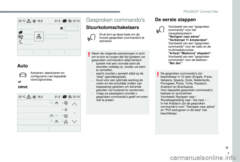 PEUGEOT 2008 2018 Instructieboekje (in Dutch) 5
12:13
18,5 21,5
23 °C
12:13
18,5 21,5
23 °C
Auto
of Activeren, deactiveren en
configureren van bepaalde
voertuigfuncties.
Gesproken commando's
Stuurkolomschakelaars
Druk kort op deze toets PEUGEOT 2008 2018 Instructieboekje (in Dutch) 5
12:13
18,5 21,5
23 °C
12:13
18,5 21,5
23 °C
Auto
of Activeren, deactiveren en
configureren van bepaalde
voertuigfuncties.
Gesproken commando's
Stuurkolomschakelaars
Druk kort op deze toets