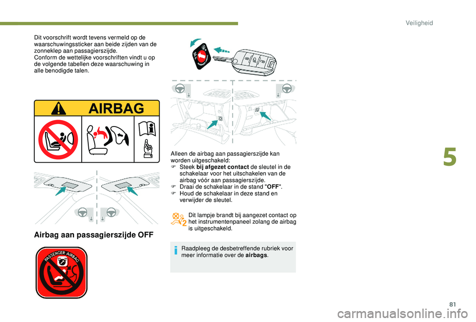 PEUGEOT 2008 2018 Instructieboekje (in Dutch) 81
Dit voorschrift wordt tevens vermeld op de
waarschuwingssticker aan beide zijden van de
zonneklep aan passagierszijde.
Conform de wettelijke voorschriften vindt u op
de volgende tabellen deze wa PEUGEOT 2008 2018 Instructieboekje (in Dutch) 81
Dit voorschrift wordt tevens vermeld op de
waarschuwingssticker aan beide zijden van de
zonneklep aan passagierszijde.
Conform de wettelijke voorschriften vindt u op
de volgende tabellen deze wa