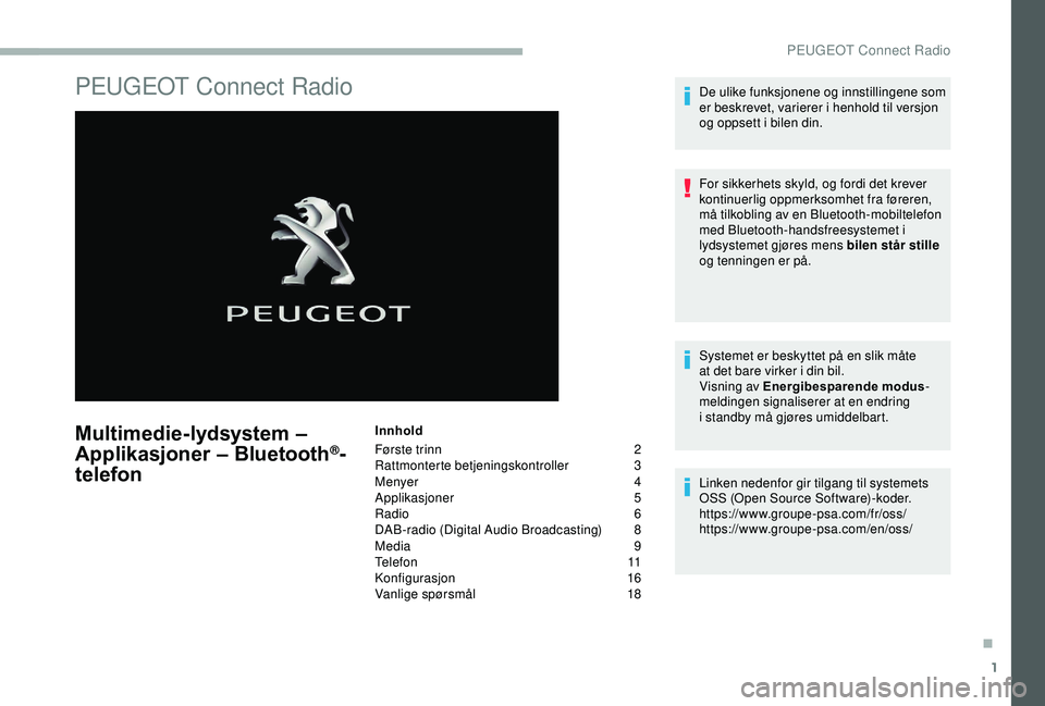 PEUGEOT 2008 2018  Instruksjoner for bruk (in Norwegian) 1
PEUGEOT Connect Radio
Multimedie-lydsystem – 
Applikasjoner – Bluetooth®-
telefon
Innhold
Første trinn 
 
2
Ra

ttmonterte betjeningskontroller   
3
M

enyer   
4
A

pplikasjoner   
5
R

adio 