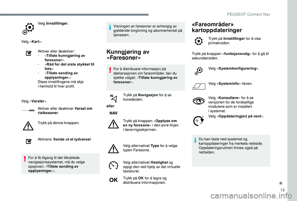 PEUGEOT 2008 2018  Instruksjoner for bruk (in Norwegian) 15
Velg Innstillinger.
Velg « Kart».
Aktiver eller deaktiver:
-
  «Tillate kunngjøring av 
faresoner ».
-
  «Råd for det siste stykket til 
fots »
-
  «Tillate sending av 
opplysninger. »
Di