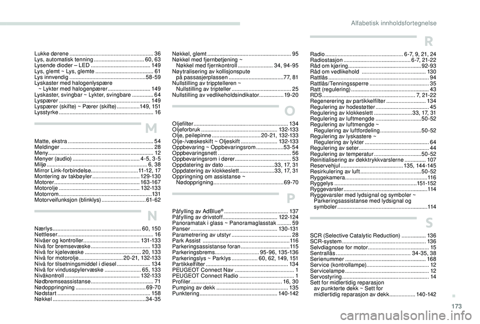 PEUGEOT 2008 2018 Instruksjoner for bruk (in Norwegian) 173
Nøkkel, glemt ....................................................... 95
Nøkkel med fjernbetjening ~ Nøkkel med fjernkontroll
.......................34, 94-95
Nøytralisering av kollisjonsp PEUGEOT 2008 2018 Instruksjoner for bruk (in Norwegian) 173
Nøkkel, glemt ....................................................... 95
Nøkkel med fjernbetjening ~ Nøkkel med fjernkontroll
.......................34, 94-95
Nøytralisering av kollisjonsp