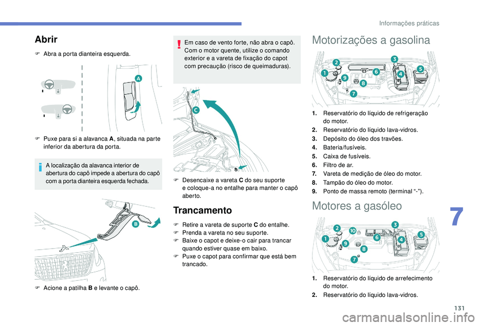 PEUGEOT 2008 2018  Manual de utilização (in Portuguese) 131
Abrir
F Abra a porta dianteira esquerda.
F 
P
 uxe para si a alavanca A , situada na parte 
inferior da abertura da porta.
A localização da alavanca interior de 
abertura do capô impede a abert