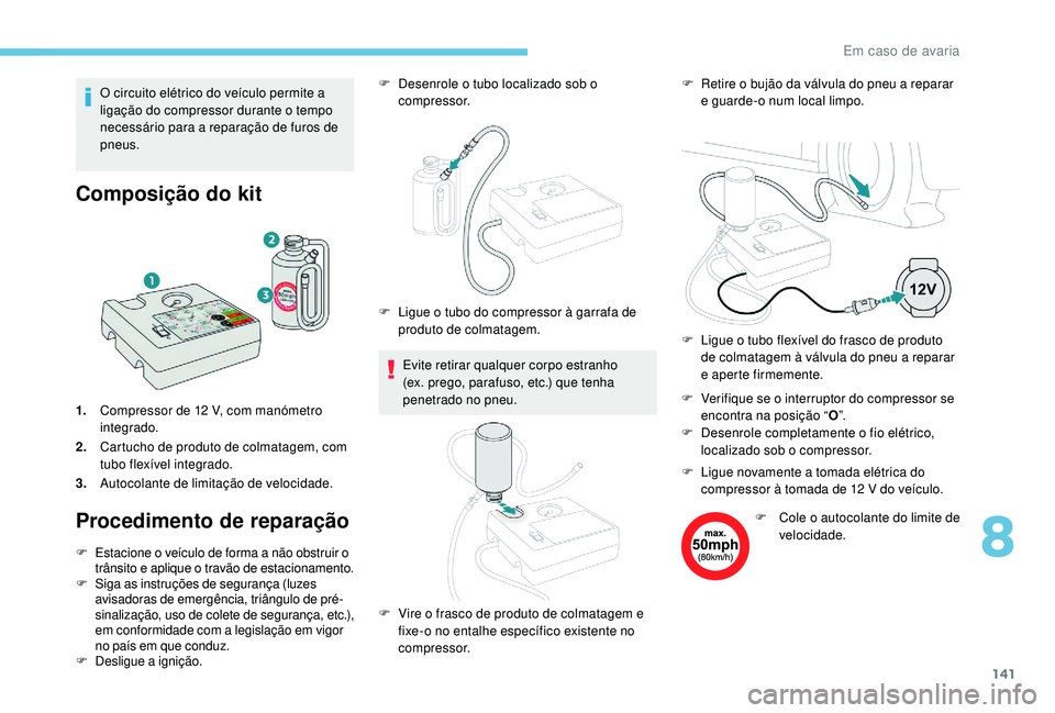 PEUGEOT 2008 2018  Manual de utilização (in Portuguese) 141
O circuito elétrico do veículo permite a 
ligação do compressor durante o tempo 
necessário para a reparação de furos de 
pneus.
Composição do kit
1.Compressor de 12 V, com manómetro 
in