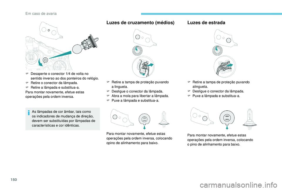 PEUGEOT 2008 2018  Manual de utilização (in Portuguese) 150
As lâmpadas de cor âmbar, tais como 
os indicadores de mudança de direção, 
devem ser substituídas por lâmpadas de 
características e cor idênticas.
Luzes de cruzamento (médios)
F Retire