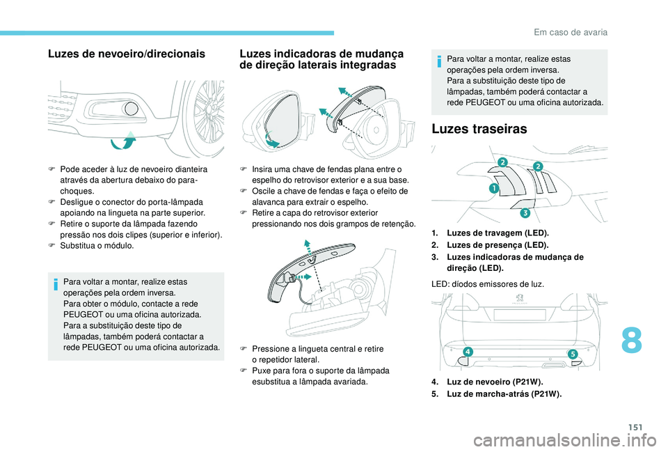 PEUGEOT 2008 2018  Manual de utilização (in Portuguese) 151
F Pode aceder à luz de nevoeiro dianteira através da abertura debaixo do para-
choques.
F
 
D
 esligue o conector do porta-lâmpada 
apoiando na lingueta na parte superior.
F
 
R
 etire o suport