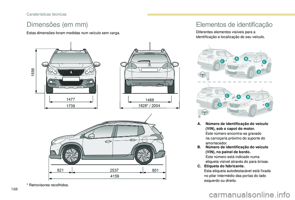 PEUGEOT 2008 2018  Manual de utilização (in Portuguese) 168
Dimensões (em mm)
Estas dimensões foram medidas num veículo sem carga.
* Retrovisores recolhidos.
Elementos de identificação
Diferentes elementos visíveis para a 
identificação e localiza