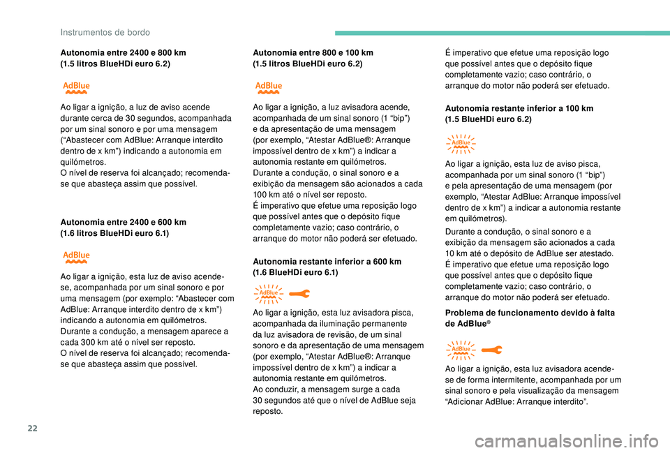 PEUGEOT 2008 2018 Manual de utilização (in Portuguese) 22
Autonomia entre 2400 e 800 km
( 1.5 litros BlueHDi euro 6.2)
Autonomia entre 2400 e 600
km
(1.6
litros BlueHDi euro 6.1) Autonomia entre 800 e 100
km
(1.5 litros BlueHDi euro 6.2 PEUGEOT 2008 2018 Manual de utilização (in Portuguese) 22
Autonomia entre 2400 e 800 km
( 1.5 litros BlueHDi euro 6.2)
Autonomia entre 2400 e 600
km
(1.6
litros BlueHDi euro 6.1) Autonomia entre 800 e 100
km
(1.5 litros BlueHDi euro 6.2