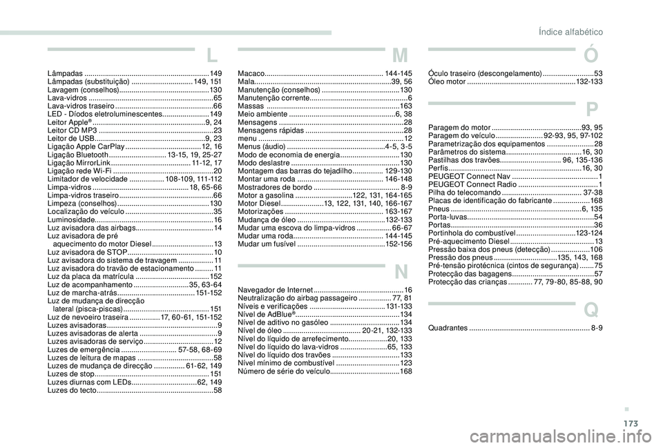 PEUGEOT 2008 2018  Manual de utilização (in Portuguese) 173
M
Macaco.......................................................... 14 4 -145
Mala ...................................................................39, 56
Manutenção (conselhos)
 

............