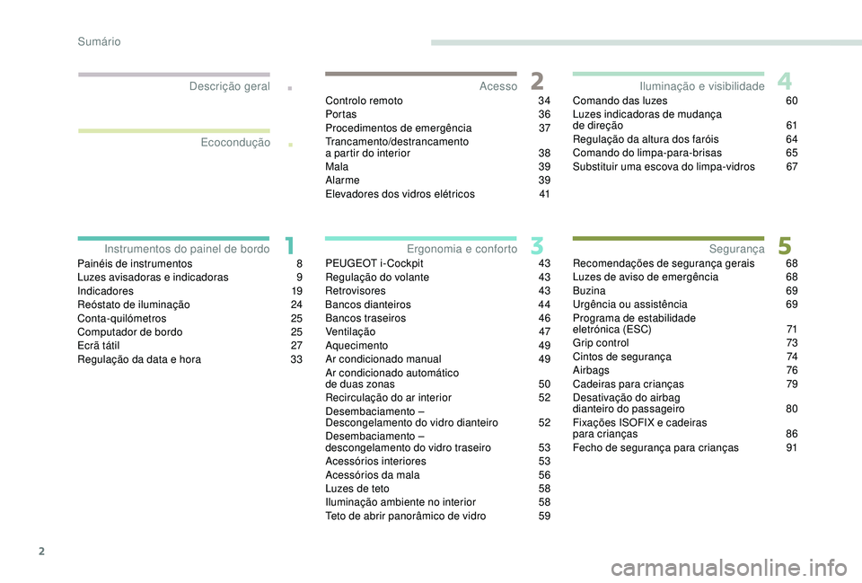 PEUGEOT 2008 2018  Manual de utilização (in Portuguese) 2
.
.
Painéis de instrumentos 8
L uzes avisadoras e indicadoras  9
In
dicadores
 1
 9
Reóstato de iluminação
 
2
 4
Conta-quilómetros
 

25
Computador de bordo
 
2
 5
Ecrã tátil
 
2
 7
Regulaç