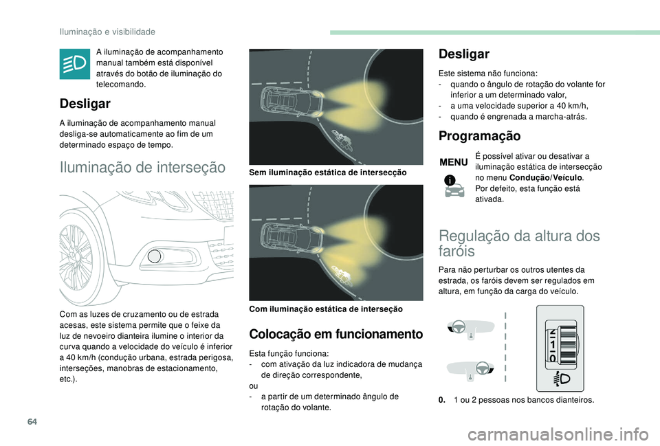 PEUGEOT 2008 2018  Manual de utilização (in Portuguese) 64
A iluminação de acompanhamento 
manual também está disponível 
através do botão de iluminação do 
telecomando.
Desligar
A iluminação de acompanhamento manual 
desliga-se automaticamente 