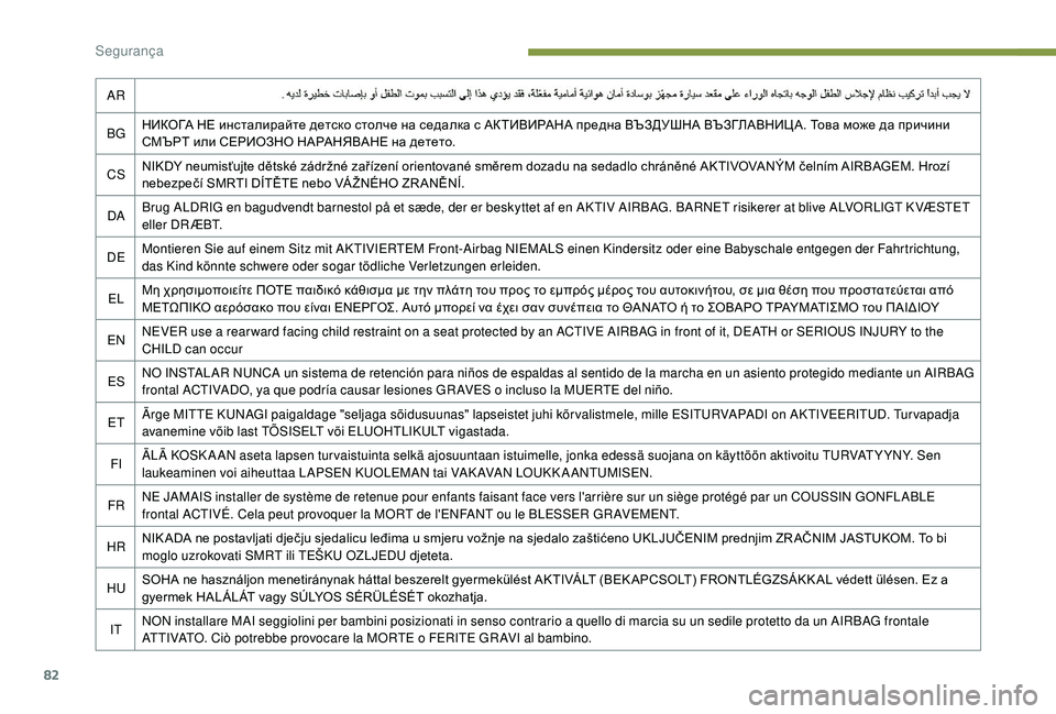 PEUGEOT 2008 2018 Manual de utilização (in Portuguese) 82
AR
BG НИКОГА НЕ инсталирайте детско столче на седалка с АКТИВИРАНА предна ВЪЗДУШНА ВЪЗГЛАВНИЦА. Това може да PEUGEOT 2008 2018 Manual de utilização (in Portuguese) 82
AR
BG НИКОГА НЕ инсталирайте детско столче на седалка с АКТИВИРАНА предна ВЪЗДУШНА ВЪЗГЛАВНИЦА. Това може да