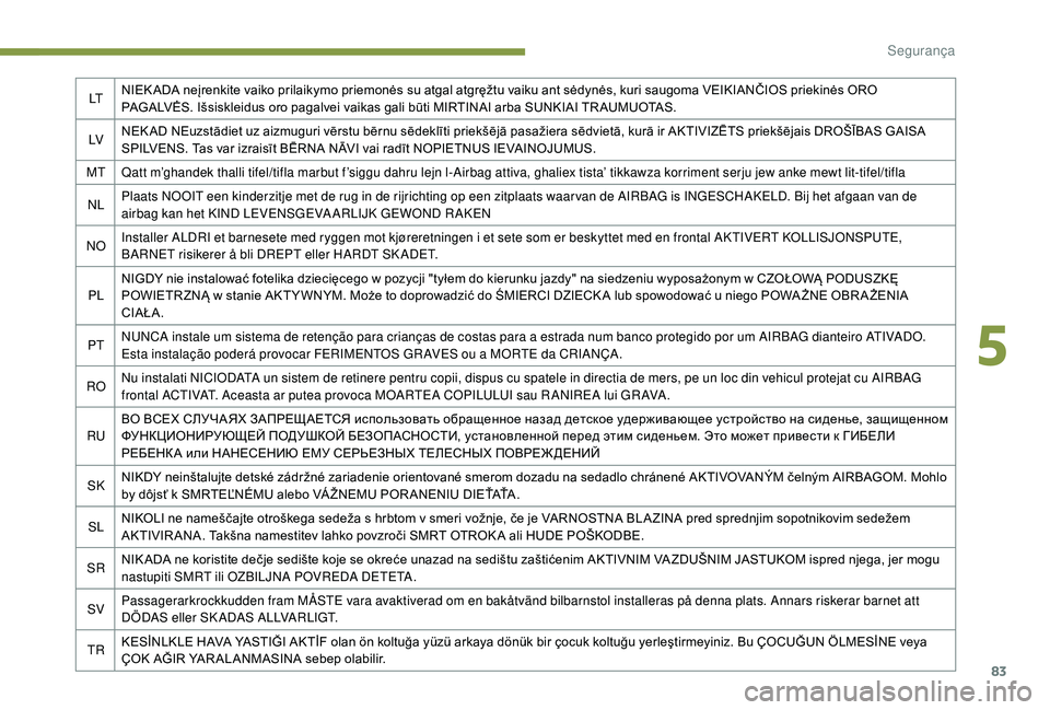 PEUGEOT 2008 2018 Manual de utilização (in Portuguese) 83
LTNIEK ADA neįrenkite vaiko prilaikymo priemonės su atgal atgręžtu vaiku ant sėdynės, kuri saugoma VEIKIANČIOS priekinės ORO
PAGALVĖS. Išsiskleidus oro pagalvei vaikas gali būti MIRTINA PEUGEOT 2008 2018 Manual de utilização (in Portuguese) 83
LTNIEK ADA neįrenkite vaiko prilaikymo priemonės su atgal atgręžtu vaiku ant sėdynės, kuri saugoma VEIKIANČIOS priekinės ORO
PAGALVĖS. Išsiskleidus oro pagalvei vaikas gali būti MIRTINA