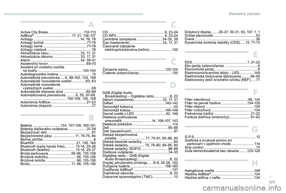 PEUGEOT 2008 2018 Návod na použitie (in Slovakian) 171
A
Active City Brake ....................................112 -113
AdBlue® ...................................... 1 7, 21, 136 -137
Airbagy ............... ................................. 14, 76, PEUGEOT 2008 2018 Návod na použitie (in Slovakian) 171
A
Active City Brake ....................................112 -113
AdBlue® ...................................... 1 7, 21, 136 -137
Airbagy ............... ................................. 14, 76,