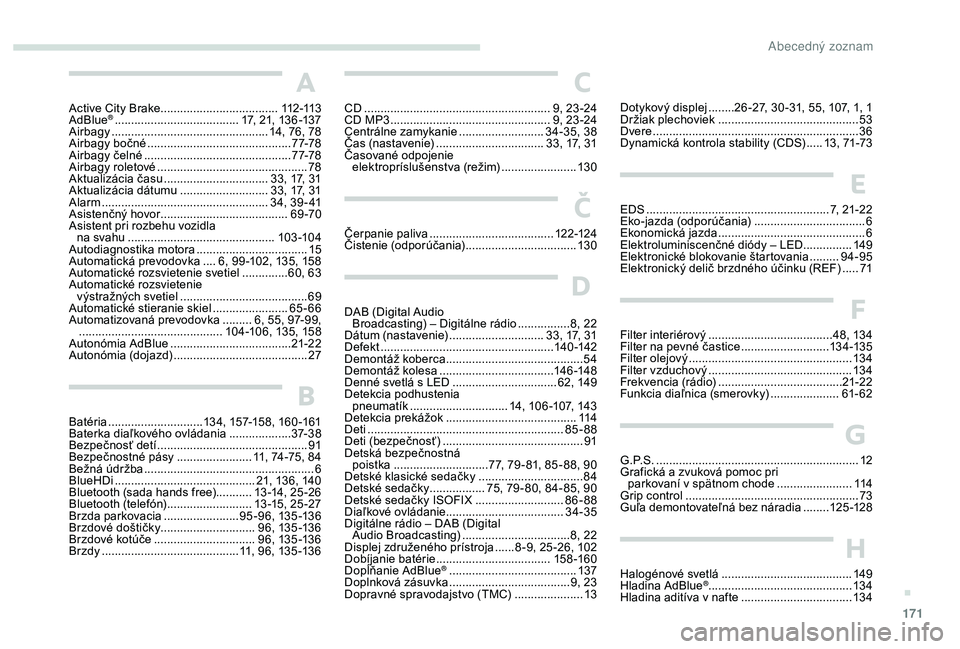 PEUGEOT 2008 2018  Návod na použitie (in Slovakian) 171
A
Active City Brake ....................................112 -113
AdBlue® ...................................... 1 7, 21, 136 -137
Airbagy ............... ................................. 14, 76,