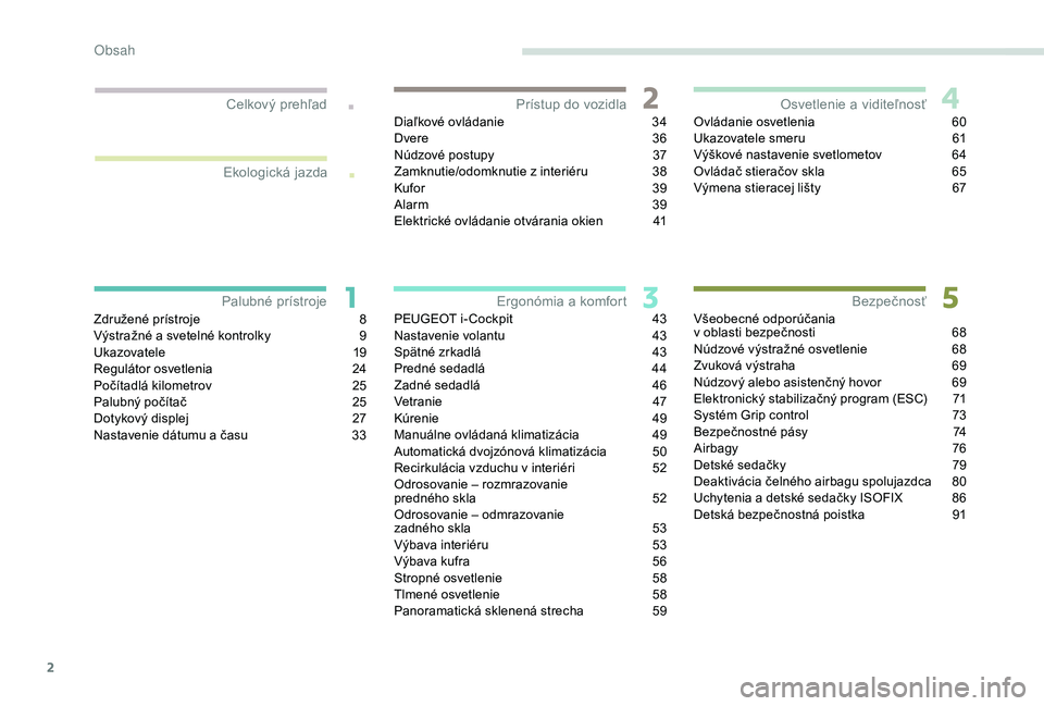 PEUGEOT 2008 2018  Návod na použitie (in Slovakian) 2
.
.
Združené prístroje 8
V ýstražné a svetelné kontrolky  9
U
kazovatele
 1
 9
Regulátor osvetlenia
 
2
 4
Počítadlá kilometrov
 
2
 5
Palubný počítač
 
2
 5
Dotykový displej
 
2
 7
