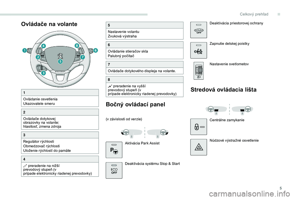 PEUGEOT 2008 2018  Návod na použitie (in Slovakian) 5
Ovládače na volante5
Nastavenie volantu
Zvuková výstraha
6
Ovládanie stieračov skla
Palubný počítač
7
Ovládače dotykového displeja na volante.
8
„+ “ preradenie na vyšší 
prevodo
