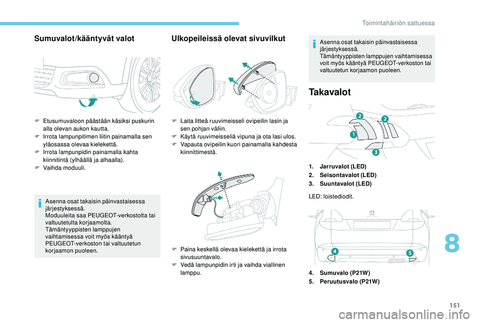 PEUGEOT 2008 2018 Omistajan Käsikirja (in Finnish) 151
F Etusumuvaloon päästään käsiksi puskurin alla olevan aukon kautta.
F
I
rrota lampunpitimen liitin painamalla sen
yläosassa olevaa kielekettä.
F
I
rrota lampunpidin painamalla kahta PEUGEOT 2008 2018 Omistajan Käsikirja (in Finnish) 151
F Etusumuvaloon päästään käsiksi puskurin alla olevan aukon kautta.
F
I
rrota lampunpitimen liitin painamalla sen
yläosassa olevaa kielekettä.
F
I
rrota lampunpidin painamalla kahta