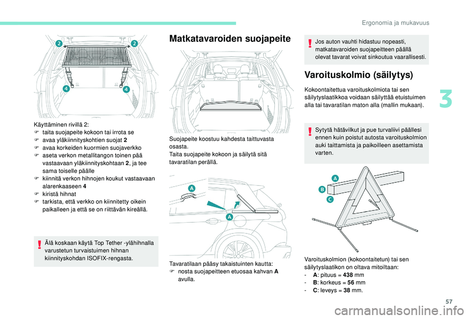 PEUGEOT 2008 2018 Omistajan Käsikirja (in Finnish) 57
Käyttäminen rivillä 2:
F t aita suojapeite kokoon tai irrota se
F
a
vaa yläkiinnityskohtien suojat 2
F
a
vaa korkeiden kuormien suojaverkko
F
a
seta verkon metallitangon toinen pää
PEUGEOT 2008 2018 Omistajan Käsikirja (in Finnish) 57
Käyttäminen rivillä 2:
F t aita suojapeite kokoon tai irrota se
F
a
vaa yläkiinnityskohtien suojat 2
F
a
vaa korkeiden kuormien suojaverkko
F
a
seta verkon metallitangon toinen pää