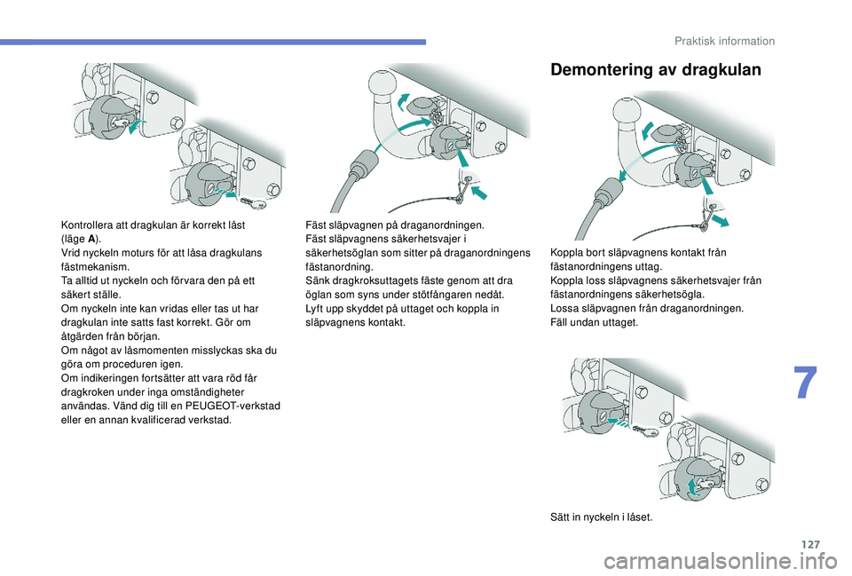 PEUGEOT 2008 2018 Bruksanvisningar (in Swedish) 127
Kontrollera att dragkulan är korrekt låst
(läge A).
Vrid nyckeln moturs för att låsa dragkulans
fästmekanism.
Ta alltid ut nyckeln och för vara den på ett
säkert ställe.
Om nyckeln in PEUGEOT 2008 2018 Bruksanvisningar (in Swedish) 127
Kontrollera att dragkulan är korrekt låst
(läge A).
Vrid nyckeln moturs för att låsa dragkulans
fästmekanism.
Ta alltid ut nyckeln och för vara den på ett
säkert ställe.
Om nyckeln in