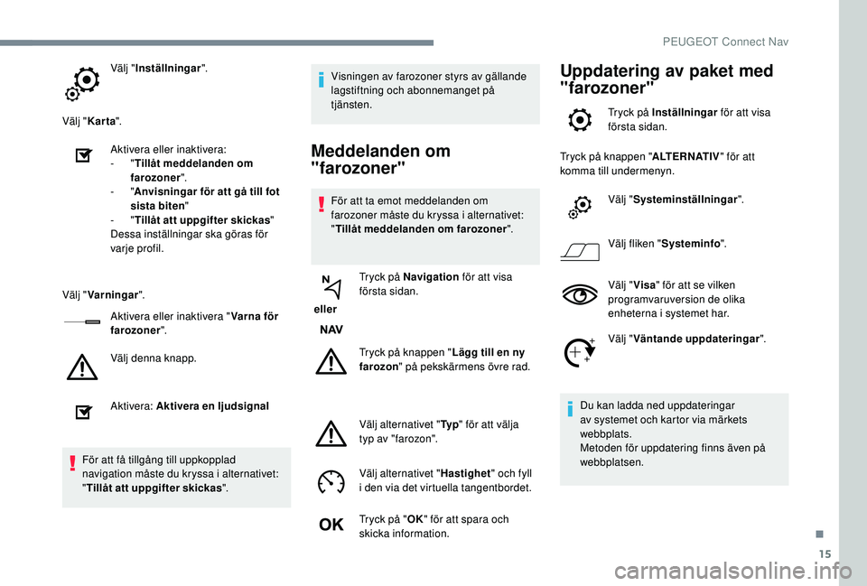 PEUGEOT 2008 2018  Bruksanvisningar (in Swedish) 15
Välj "Inställningar ".
Välj " Karta ".
Aktivera eller inaktivera:
-
  "Tillåt meddelanden om 
farozoner ".
-
  "Anvisningar för att gå till fot 
sista biten "
