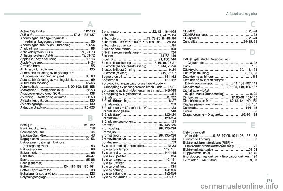 PEUGEOT 2008 2018 Bruksanvisningar (in Swedish) 171
A
Active City Brake ............................................... 112 -113
AdBlue® ................................................ 1 7, 21, 13 6 -137
Anordningar i bagageutrymmet ~
Inrednin PEUGEOT 2008 2018 Bruksanvisningar (in Swedish) 171
A
Active City Brake ............................................... 112 -113
AdBlue® ................................................ 1 7, 21, 13 6 -137
Anordningar i bagageutrymmet ~
Inrednin