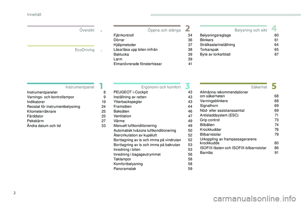 PEUGEOT 2008 2018  Bruksanvisningar (in Swedish) 2
.
.
Instrumentpaneler 8
Varnings- och kontrollampor 9
I
ndikatorer
 1
 9
Reostat för instrumentbelysning
 2

4
Kilometerräknare
 

25
Färddator
 2

5
Pekskärm
  27
Ändra datum och tid
 
3
 3Fj�