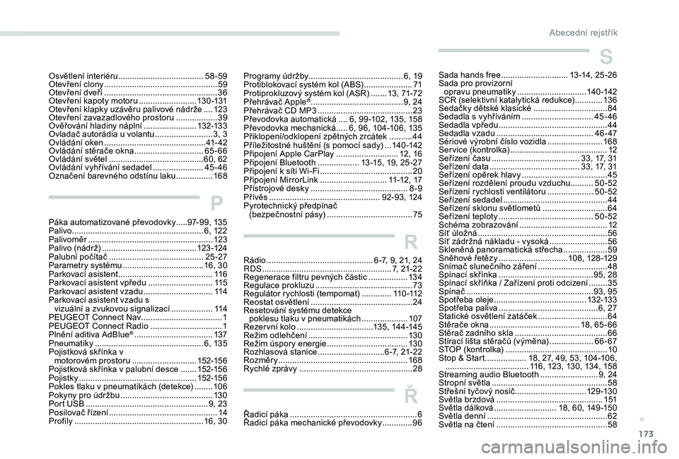 PEUGEOT 2008 2018 Návod na použití (in Czech) 173
Programy údržby ......................................... 6, 19
Protiblokovací systém kol (ABS) .....................71
P
rotiprokluzový systém kol (ASR)
....... 1
3, 71-72
Přehrávač PEUGEOT 2008 2018 Návod na použití (in Czech) 173
Programy údržby ......................................... 6, 19
Protiblokovací systém kol (ABS) .....................71
P
rotiprokluzový systém kol (ASR)
....... 1
3, 71-72
Přehrávač