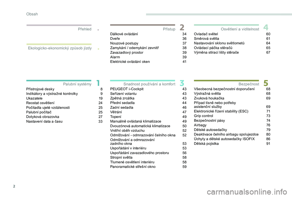PEUGEOT 2008 2018  Návod na použití (in Czech) 2
.
.
Přístrojové desky 8
I ndikátory a výstražné kontrolky  9
U
kazatele
 1
 9
Reostat osvětlení
 
2
 4
Počitadla ujeté vzdálenosti
 
2
 5
Palubní počítač
 
2
 5
Dotyková obrazovka
 