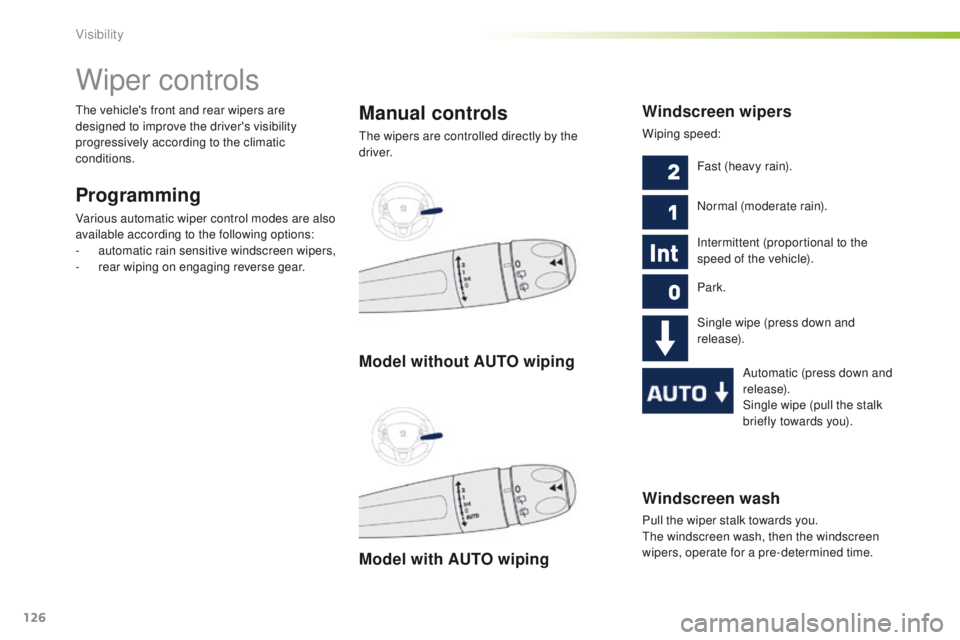 PEUGEOT 2008 2016  Owners Manual 126
2008_en_Chap06_visibilite_ed01-2016
Windscreen wash
Pull the wiper stalk towards you. 
The windscreen wash, then the windscreen 
wipers, operate for a pre-determined time.
Wiper controls
Programmi