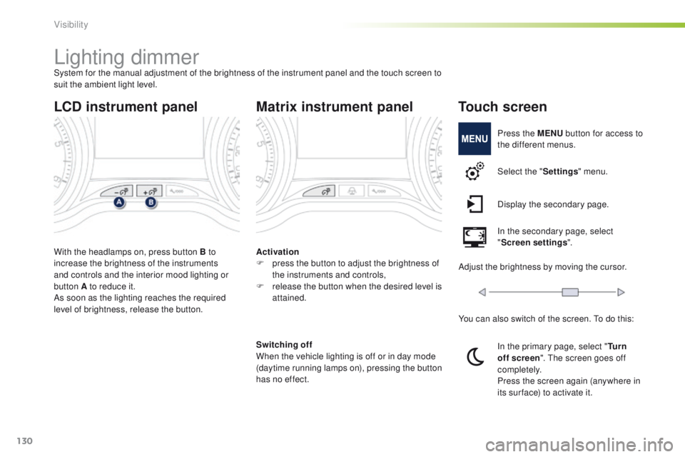 PEUGEOT 2008 2016  Owners Manual 130
2008_en_Chap06_visibilite_ed01-2016
Lighting dimmerSystem for the manual adjustment of the brightness of the instrument panel and the touch screen to 
suit the ambient light level.
With the headla