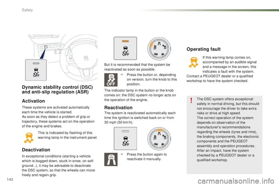 PEUGEOT 2008 2016 Owners Manual 142
2008_en_Chap07_securite_ed01-2016
Dynamic stability control (DSC)
and anti-slip regulation (ASR)
Activation
These systems are activated automatically
each time the vehicle is started.
As soon as PEUGEOT 2008 2016 Owners Manual 142
2008_en_Chap07_securite_ed01-2016
Dynamic stability control (DSC)
and anti-slip regulation (ASR)
Activation
These systems are activated automatically
each time the vehicle is started.
As soon as