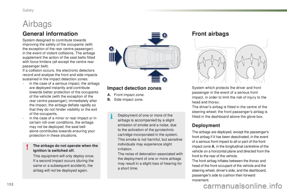 PEUGEOT 2008 2016 Owners Manual 152
2008_en_Chap07_securite_ed01-2016
Airbags
General information
System designed to contribute towards
improving the safety of the occupants (with
the exception of the rear centre passenger)
in th PEUGEOT 2008 2016 Owners Manual 152
2008_en_Chap07_securite_ed01-2016
Airbags
General information
System designed to contribute towards
improving the safety of the occupants (with
the exception of the rear centre passenger)
in th