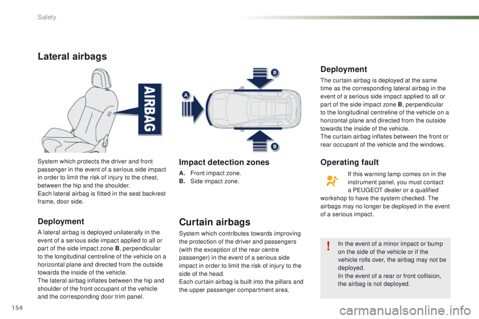 PEUGEOT 2008 2016 Owners Manual 154
2008_en_Chap07_securite_ed01-2016
Lateral airbags
Deployment
A lateral airbag is deployed unilaterally in the
event of a serious side impact applied to all or
part of the side impact zone B, per PEUGEOT 2008 2016 Owners Manual 154
2008_en_Chap07_securite_ed01-2016
Lateral airbags
Deployment
A lateral airbag is deployed unilaterally in the
event of a serious side impact applied to all or
part of the side impact zone B, per