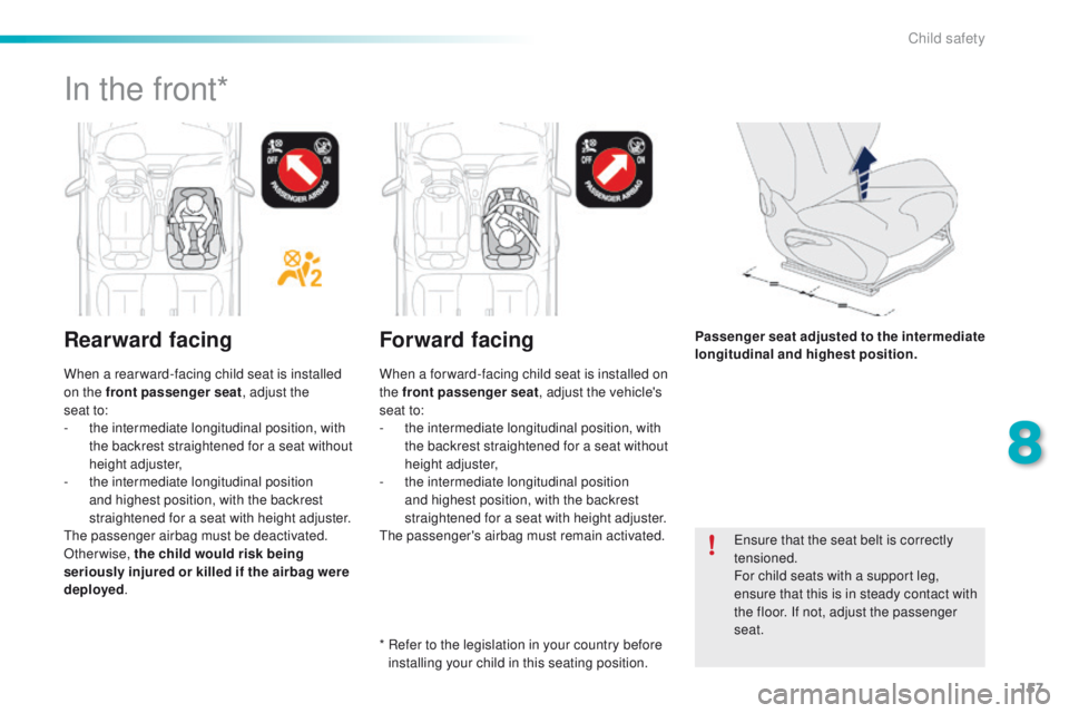 PEUGEOT 2008 2016 Owners Manual 157
2008_en_Chap08_securite-enfants_ed01-2016
Ensure that the seat belt is correctly
tensioned.
For child seats with a support leg,
ensure that this is in steady contact with
the floor. If not, adj PEUGEOT 2008 2016 Owners Manual 157
2008_en_Chap08_securite-enfants_ed01-2016
Ensure that the seat belt is correctly
tensioned.
For child seats with a support leg,
ensure that this is in steady contact with
the floor. If not, adj