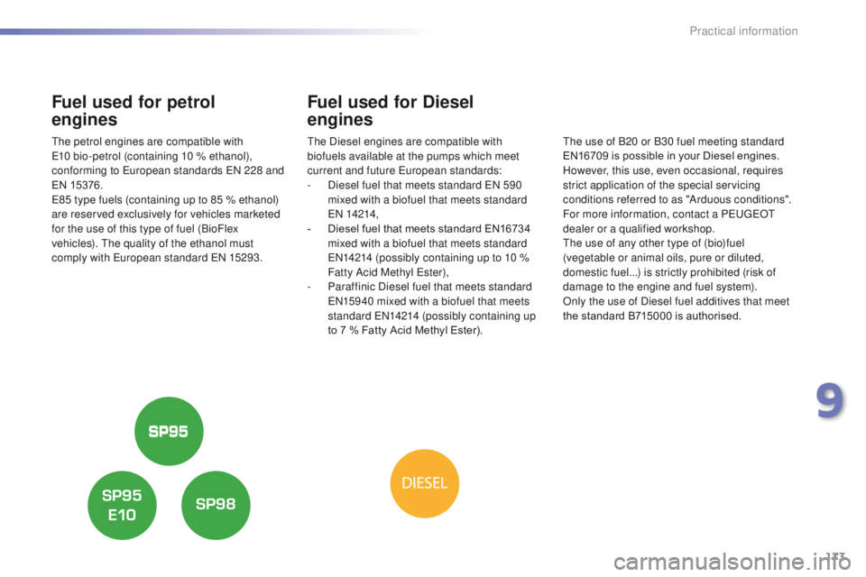 PEUGEOT 2008 2016  Owners Manual 173
2008_en_Chap09_info-pratiques_ed01-2016
Fuel used for petrol  
engines
The petrol engines are compatible with 
E10 bio-petrol (containing 10 % ethanol), 
conforming to European standards EN 228 an